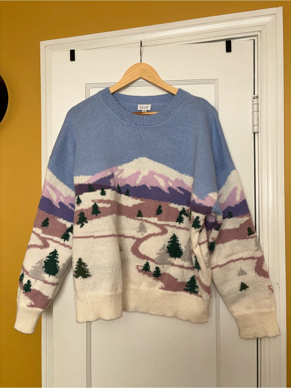 Scenic Mountain Crewneck Sweater - Light Blue, Cream & Purple